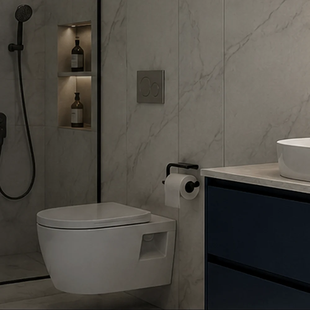 GROHE Rapid SL concealed cistern frame installed behind wall-hung toilet with chrome flush plate