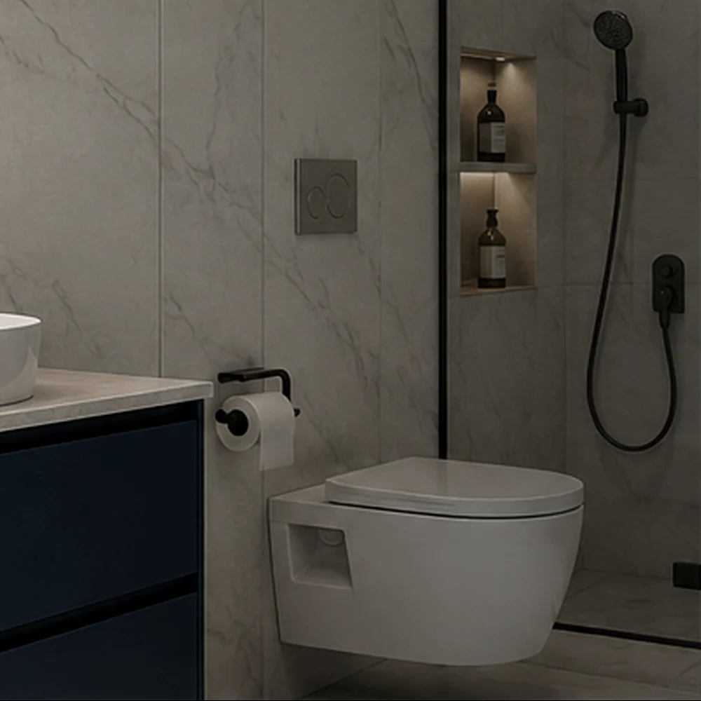 GROHE Skate Cosmopolitan dual-flush plate in chrome finish mounted on tiled bathroom wall